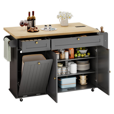 Jamera 60.2"W Kitchen Island with Two Large Storage Cabinets And Drawers, Locking Wheels