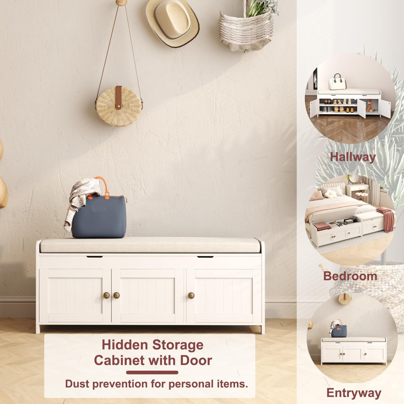 Polyester Upholstered Storage Bench, White