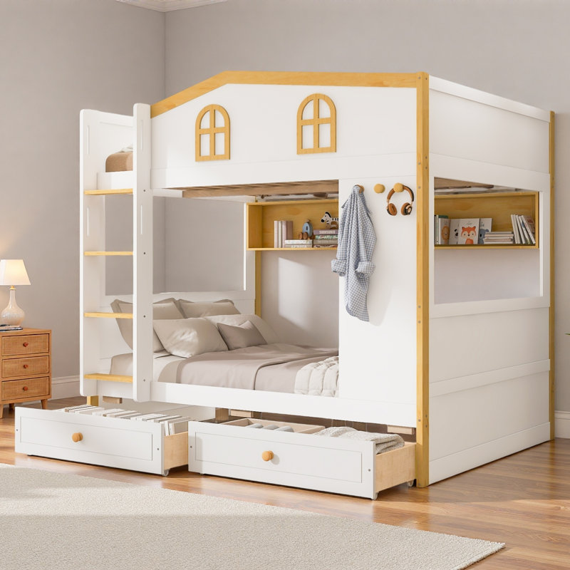 Lit superposé avec garde-corps en forme de maison, tablettes de rangement et tiroirs, Lit superposé double sur double