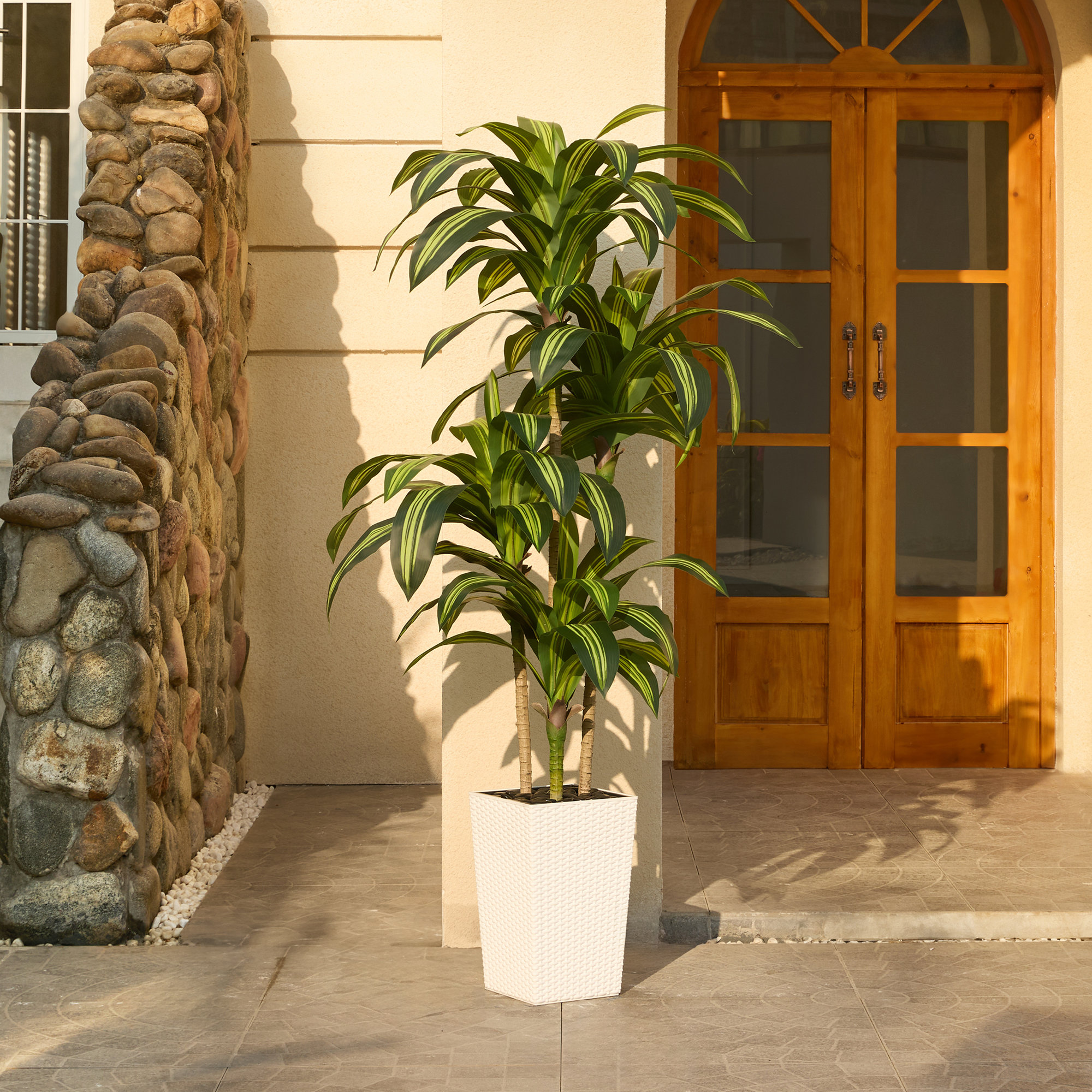 Almina UV Resistant Artificial Yellow Dracaena Tree, Faux Tree with Large Base for Indoor Outdoor, White