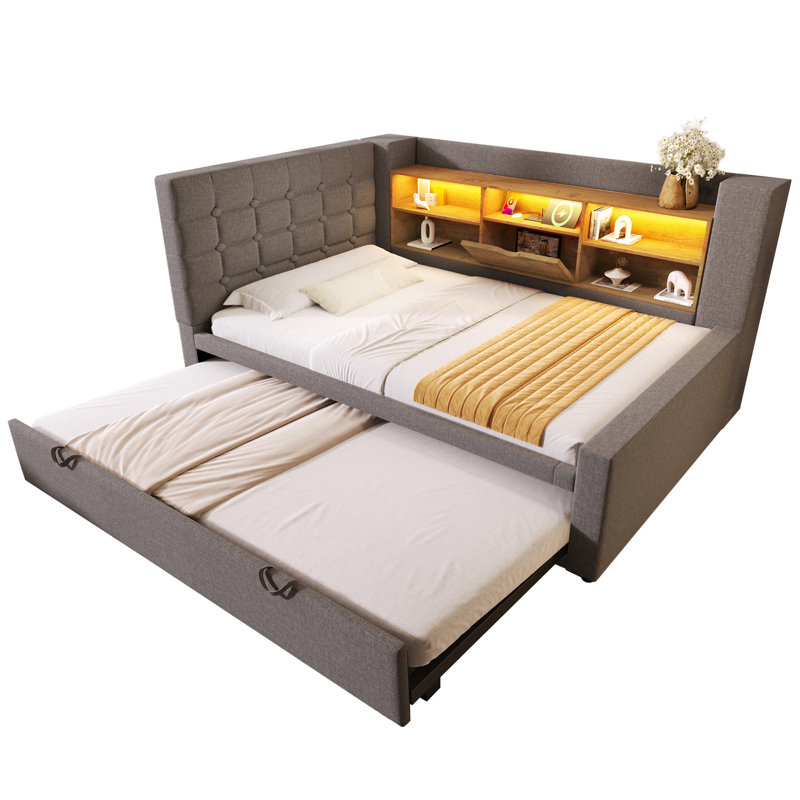 Upholstered Daybed with Trundle Bed, Grey