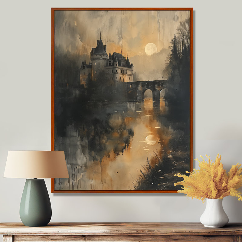 Reproduction d'art mural jaune et beige au clair de lune, entrepôt du Château III, Toile avec cadre flottant brun