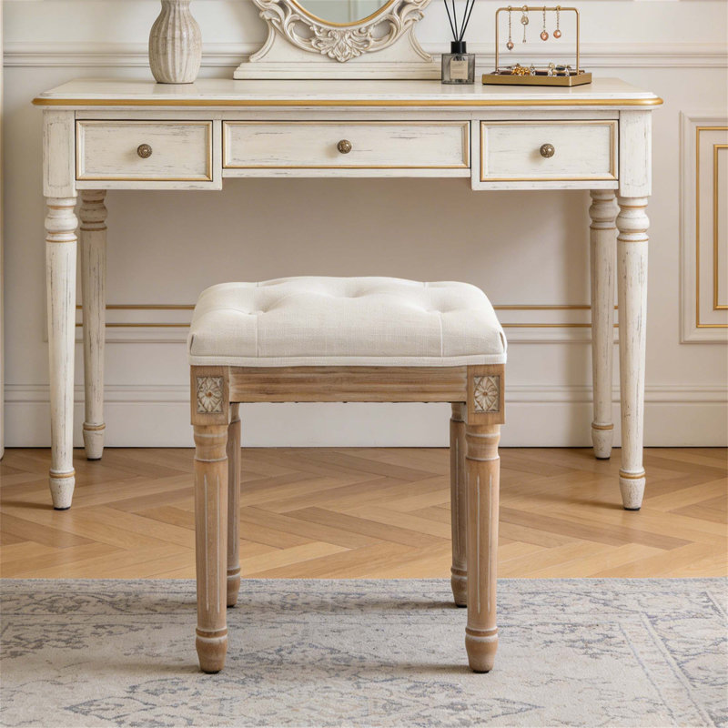 Tabouret de coiffeuse touffeté avec revêtement en lin et pieds sculptés en bois massif, banc d'habillage pour chambre à coucher, siège élégant et confortable