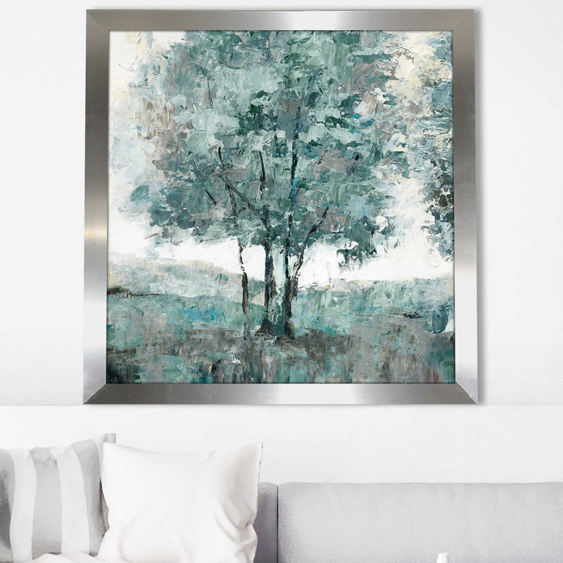 «Teal Sentinel I» par Nan - Peinture, Encadrement argenté, H 31,5 po x l 31,5 po x P 1 po