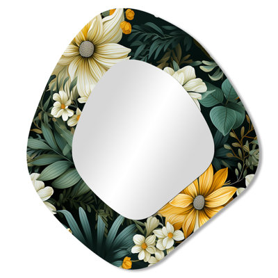 «Botanical Green and Yellow Poppies Garden I», miroir mural de forme unique floral, miroir décoratif asymétrique Cottage, impression d'art en métal