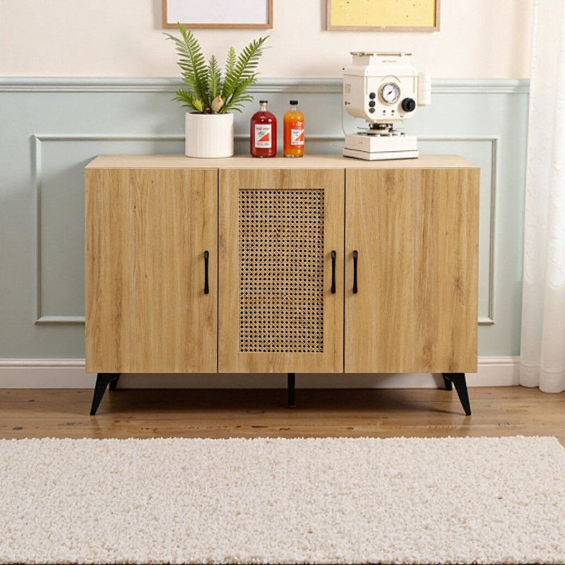 Armoire de rangement à trois portes en maille de rotin de 45,3 pouces de large pour la cuisine, le salon et la salle à manger