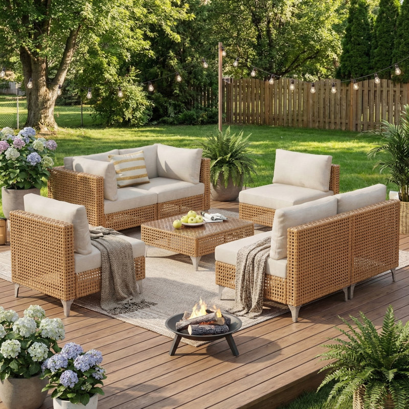 Ensemble de conversation 7 pièces en osier, ensemble de conversation pour canapé modulaire avec coussins épais résistants à l'eau et table basse pour canapé d'extérieur