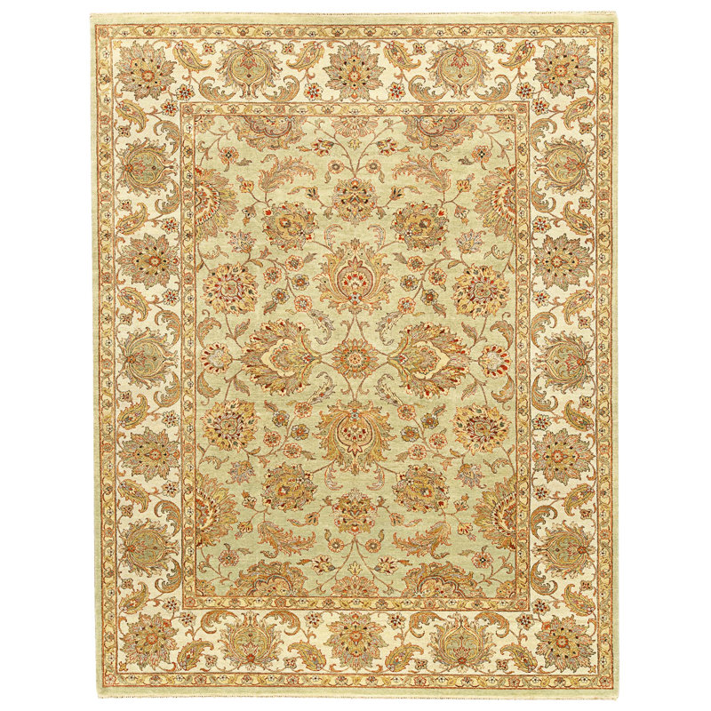 Tapis vert clair et ivoire noué à la main de haute qualité