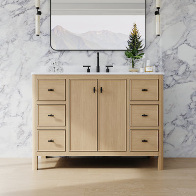 Meuble-lavabo autoportant en bois massif de chêne clair de 48 po x H 35 po avec comptoir en quartz et lavabo simple encastré en céramique
