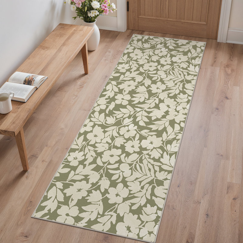 Aurora Modern Floral Machine Washable Green Indoor Area Rug with Non-Slip Backing, Runner 2' x 7'