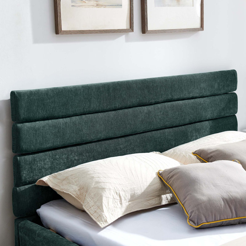 Grand lit tapissier Ishaan avec tête de lit et tiroirs de rangement, Bleu vert