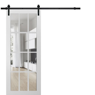 Porte de grange robuste à 12 carreaux en verre clair Felicia 3355 Blanc Soie, rail de 2 m (6,6 pi), quincaillerie robuste, porte intérieure à panneau plein - 61 cm x 203 cm (24 po x 80 po) - Rail noir