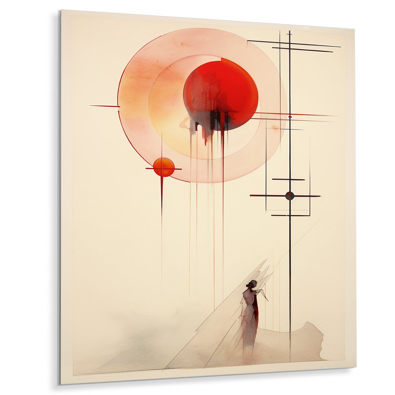 Lune rouge, géométrie rétro, art mural abstrait, Métal métal, H 44 po x l 34 po x P 1,5 po