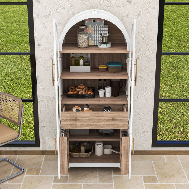 Élégante armoire de rangement arquée avec tablettes réglables et ensemble anti-basculement, Blanc