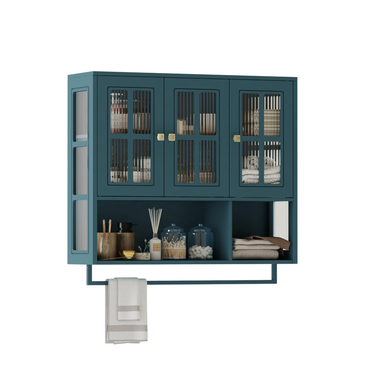 Armoire murale de salle de bain, armoire murale en bois à 3 portes avec espace de rangement ouvert et caché, Bleu