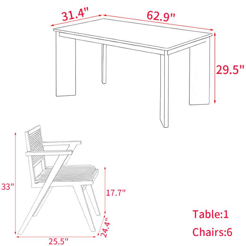 Nordic style black solid wood dining table set, 29.5"H x 62.9"L x 31.4"W, 7