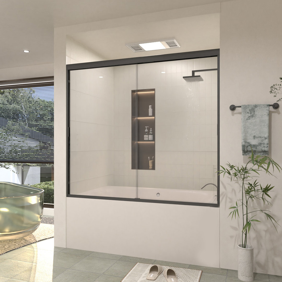 60 In. W X 56 In. H Sliding Semi Frameless Tub Door With Clear Glass Taimei Frame