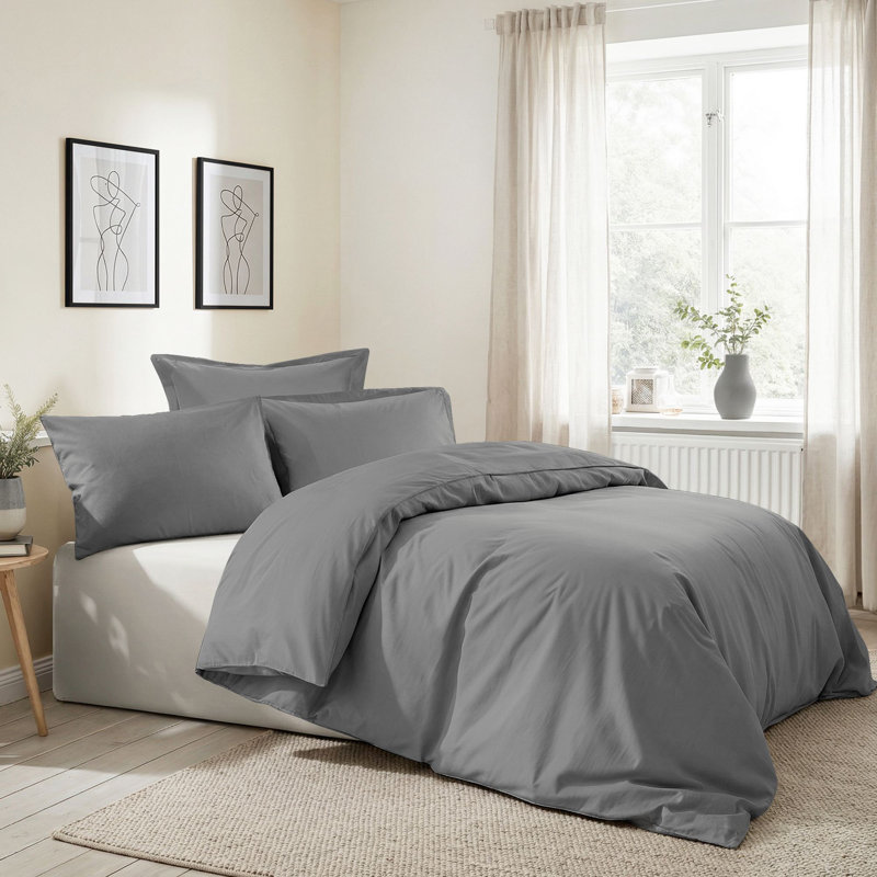 Dark Grey Quilt Cover Set, 100% Cotton Ranforce, 94.5 x 86.6 inches | 155 Thread Count, Machine Washable | Includes 2 Pillowcases (23.6 x 23.6 inches) with Envelope Closure | Soft, Durable & Elegant Bedding