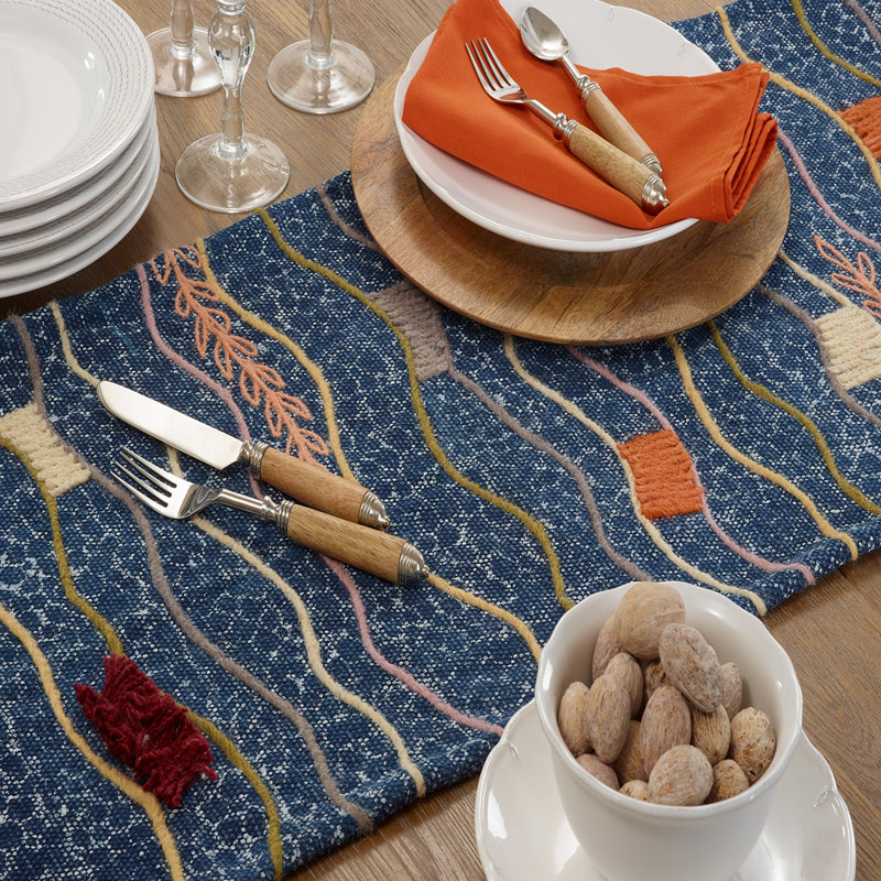 Multicolored Abstract Block Print Embroidered Cotton Table Runner 16" W X 72" L