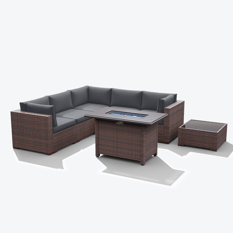 Caydin 5 - Person Modular Patio Conversation Set with Cushions, Brown Frame/Dark Gray Cushion