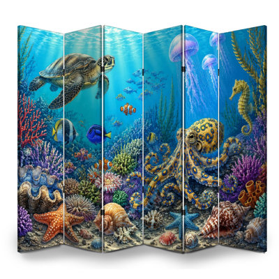 6 Panels Folding Screen Room Divider Royal Seashell Tropical Flower Starfish Pearls Canvas Screen Room Separator Freestanding Protective Wall Divider Privacy Partition for Bathroom