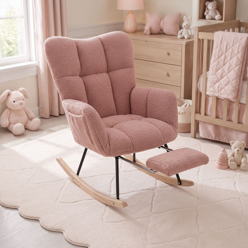 Chaise berçante moderne en sherpa avec repose-pieds rétractable et dossier haut, Rose poudreux