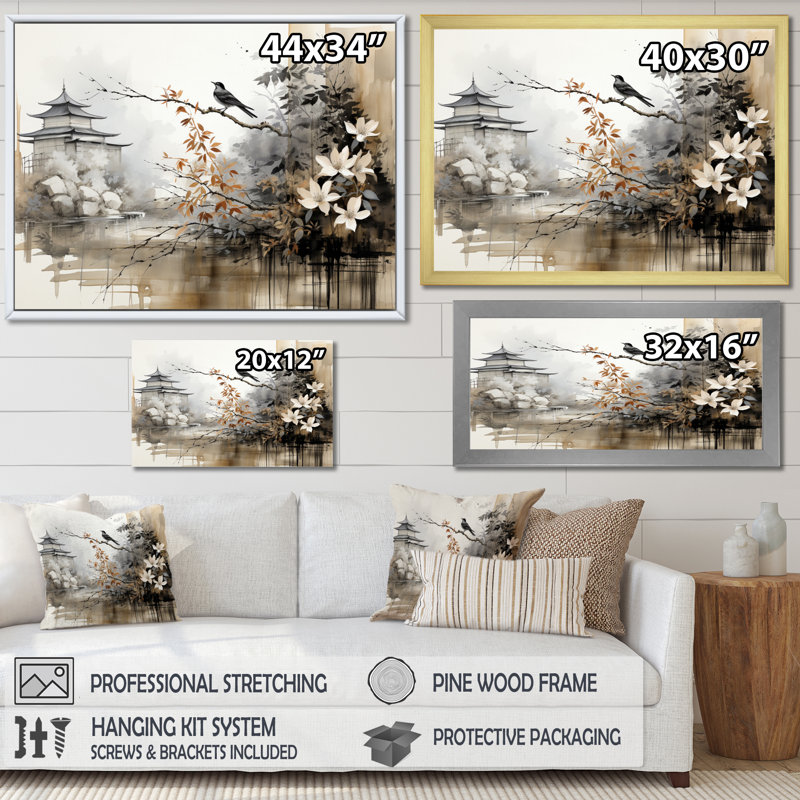 Asian Art Sumi Bird Serenity I - Art mural asiatique, H 12 po x l 20 po x P 1 po, Cadre simple blanc