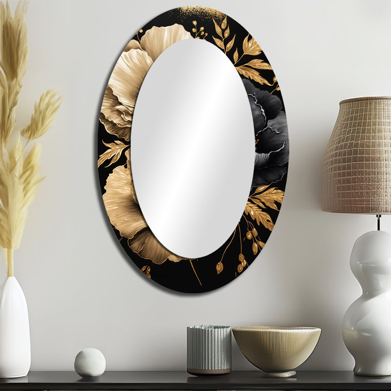 Hibiscus noir et doré II - grand miroir mural ovale sur métal, 36 po x 24 po