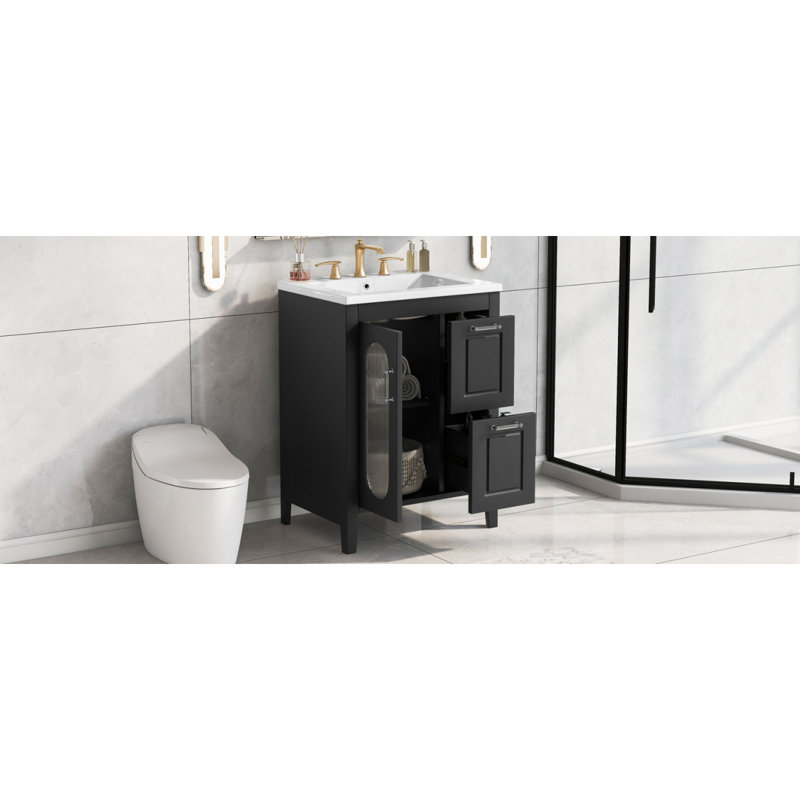 Meuble-lavabo 24 po avec lavabo, meuble-lavabo avec deux tiroirs et porte, tablette réglable, bois massif et panneau de fibres à densité moyenne, noir (ancien SKU: N725P245273B)