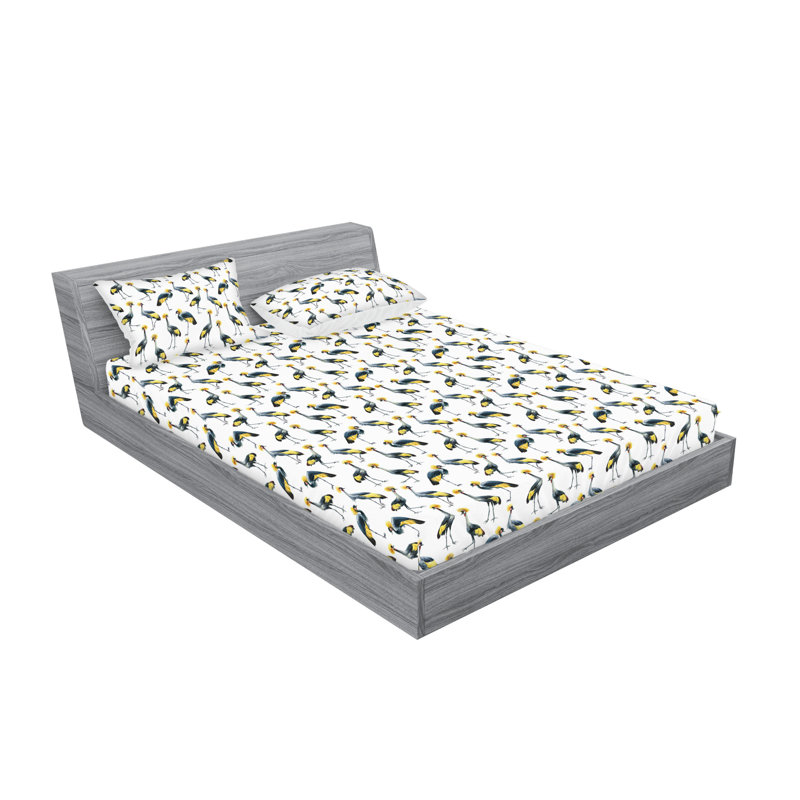 Ambesonne Fitted Sheet & Sham Set, Queen Sheet Set with 2 Pillowcases, Yellow/Night Blue Jungle Cranes