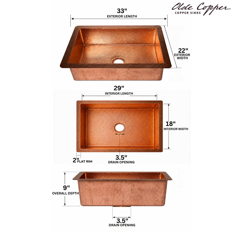  33" Hammered Copper Kitchen Sink, Drop-In Kitchen Sink Single Bowl – Handcrafted Sink, Premium Kitchen Sinks, Antique Finish, Fits Drop-In Sinks & Undermount Sink Styles