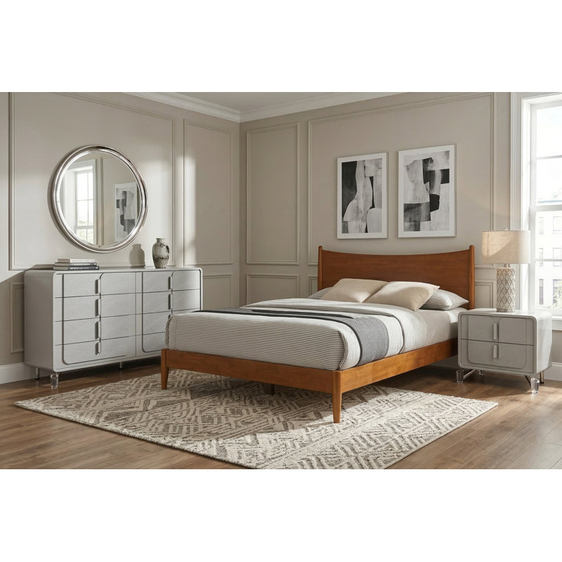 Sandara Modern Solid Wood Fully Assemble 3 Piece Bedroom Set, Gray/Amber Walnut, 3 Pcs: Bed, Nightstand, Chest