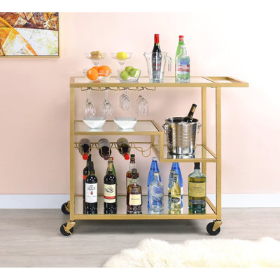 Champagne Finish Mirrored Cart For Serving Beverages, 5Mm Mirror Top & Shelves, Metal Frame, Wine/Stemware Rack, Caster Wheels, 3 Open Compartments, 7 by Latitude Run