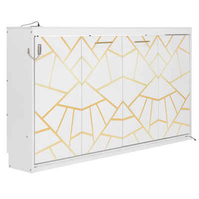 Lit escamotable simple de taille simple pliable sur le côté avec motif imprimé tendance, éclairage à DEL sous le lit et prise USB intégrée - Design peu encombrant - blanc