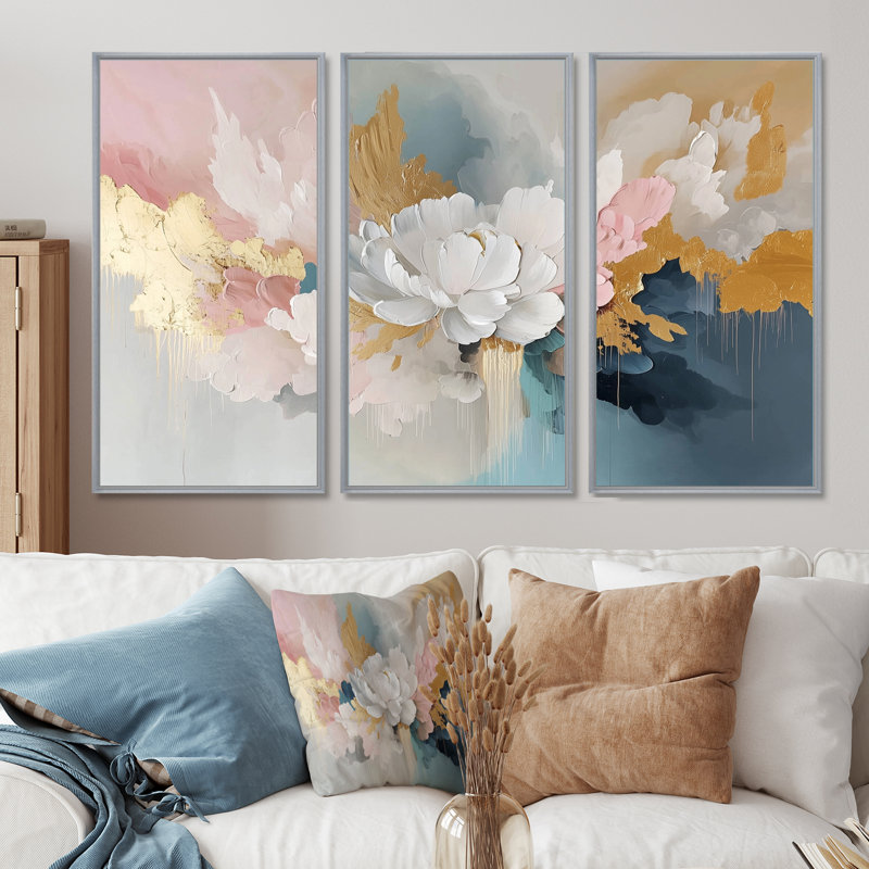 «White Brushstroke Abstract Paint III», ensemble de salon d'art mural pivoines, H 28 po x l 36 po x P 1 po