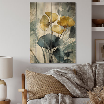 Palm Tropical Ginkgo Artwork I - Floral Leaves Print on Natural Pine Wood