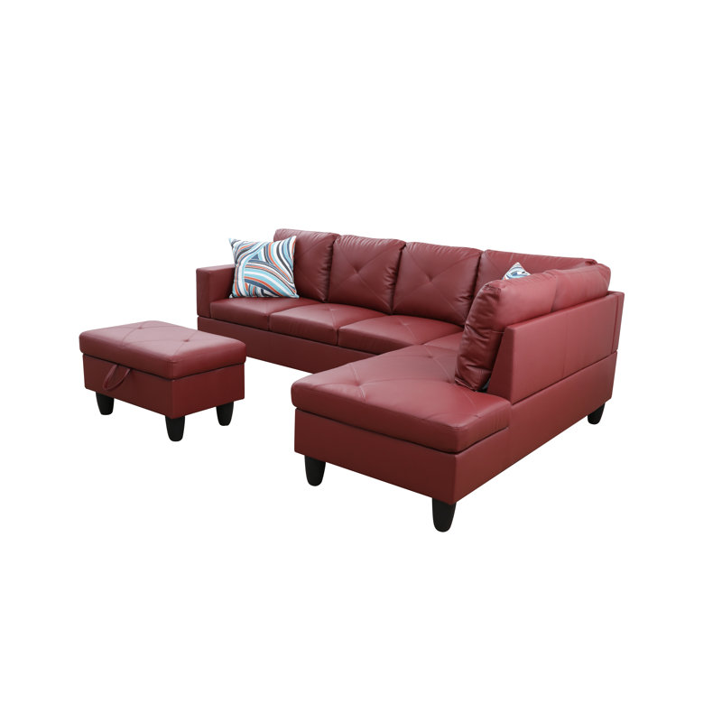 Faux Leather L-Shaped Sectional Left Hand Facing, Red Faux Leather, Right Hand Facing