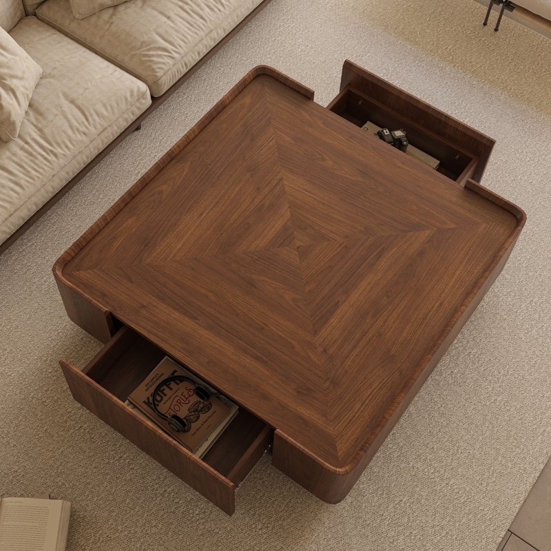 Walnut Square Coffee Table With Storage Drawers, 13.4" H x 35.4" L x 35.4" W