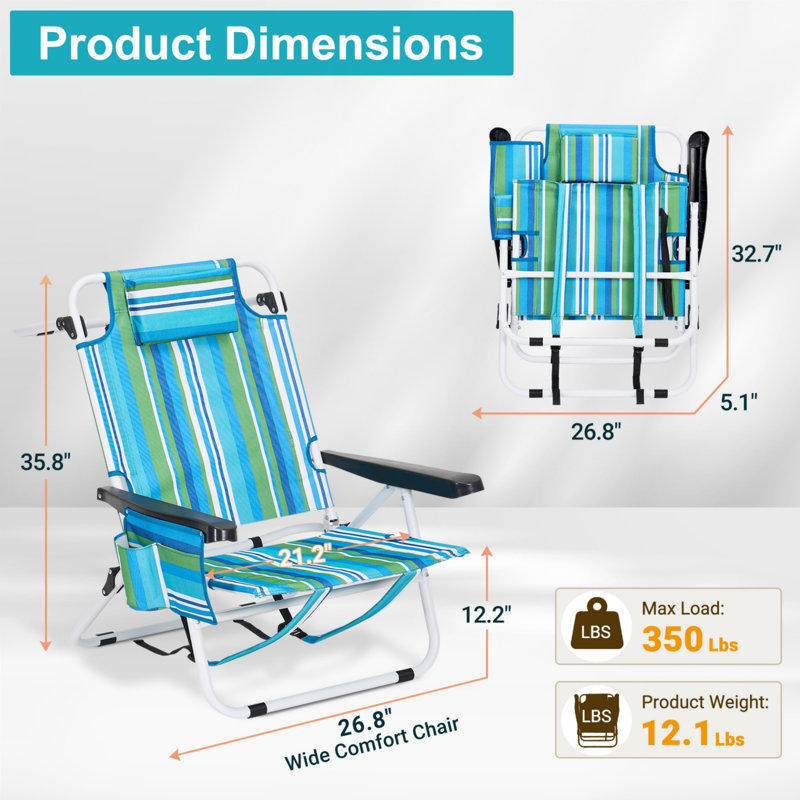 Chaise de plage inclinable à 5 positions pour adultes, capacité de 350 lb, portable pliable avec sac isotherme et sangles de sac à dos