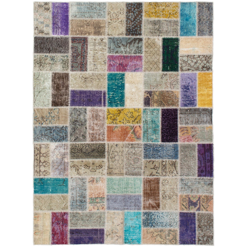 Tapis unique en laine noué à la main patchwork brun et mauve des années 2010 4 pi 10 po x 6 pi 8 po Boxrah