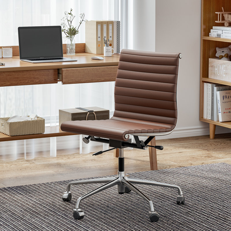 Mid Back Genuine Leather Armless Conference Room Chair with Aluminum Frame and Wheels, Swivel Armless Desk Chair, Top Grain Leather Office Chair