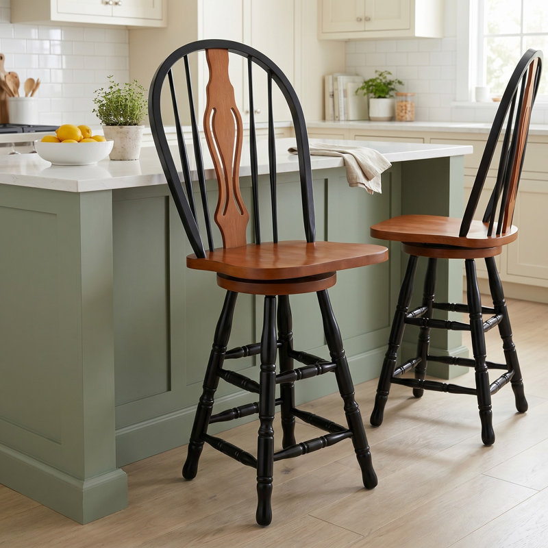 Loda Swivel Solid Wood Counter Stool, Antique Black / Cherry