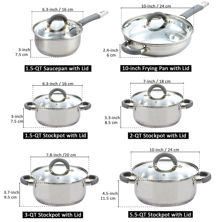 12pc Induction Stainless Steel Cookware Kitchen Glass Lids Pot Pan Set