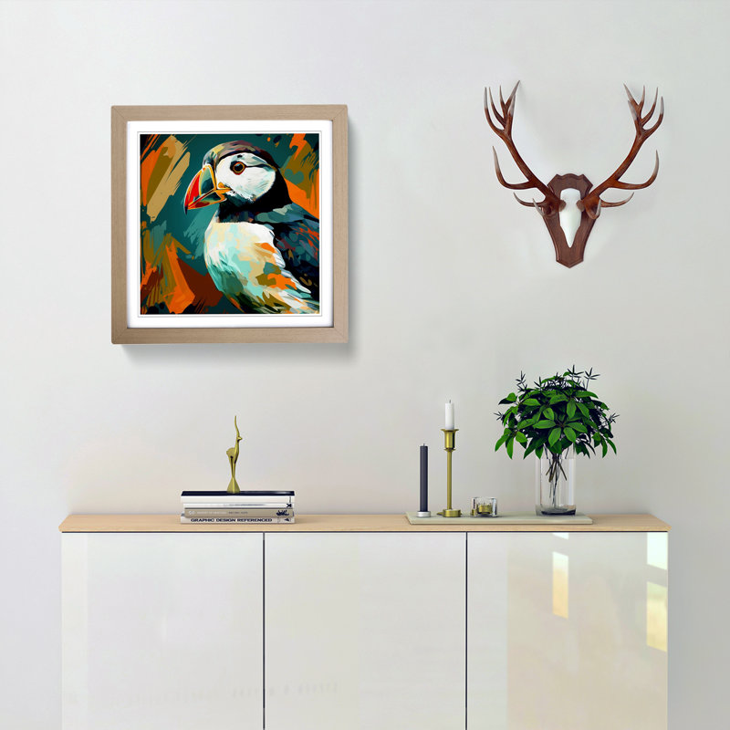Puffin Abstract Expressionism - Single Picture Frame Print on Wood, Oak