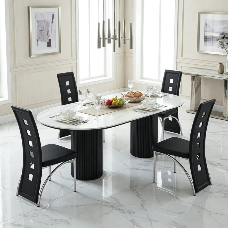 Modern Faux Leather Upholstered Dining Chair with Curved Metal Legs & Cut-out Back (Set of 4), Silver, Black, 4