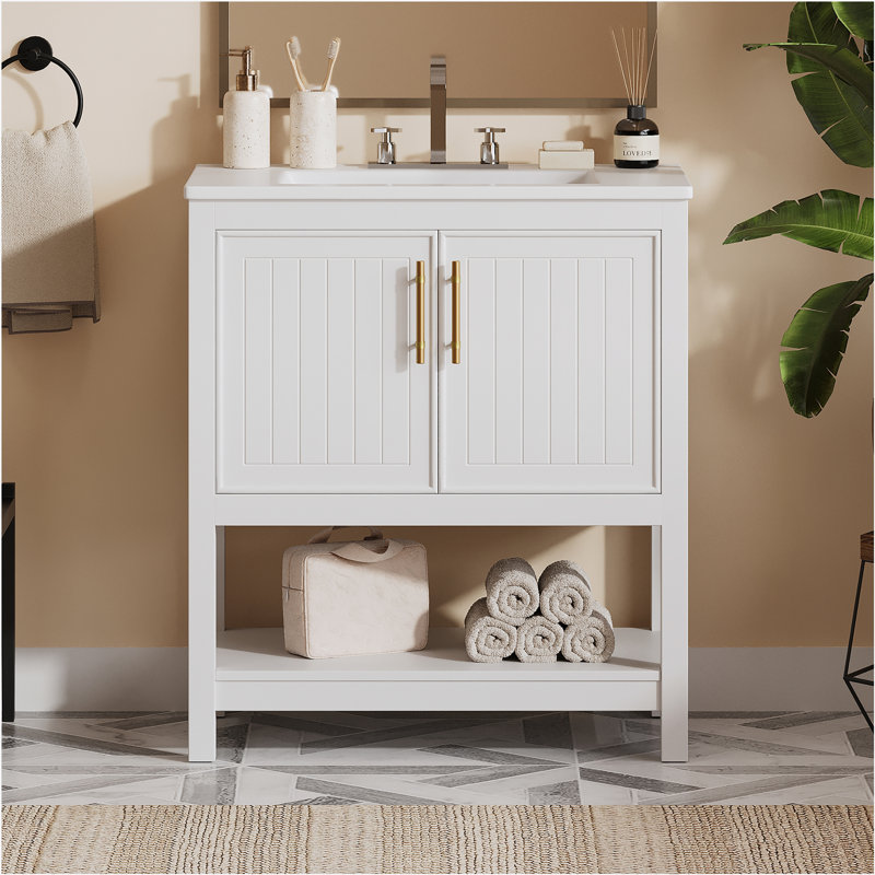 Meuble-lavabo de salle de bain avec lavabo en céramique et rangement polyvalent, Blanc