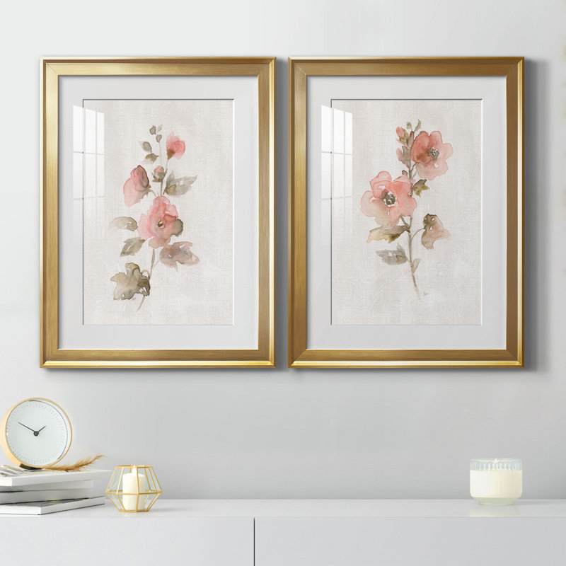 «Blush Sweetly I», ensemble de 2 reproductions d'art, H 22,5 po x l 61 po x P 1,5 po, Blanc, Papier encadré doré