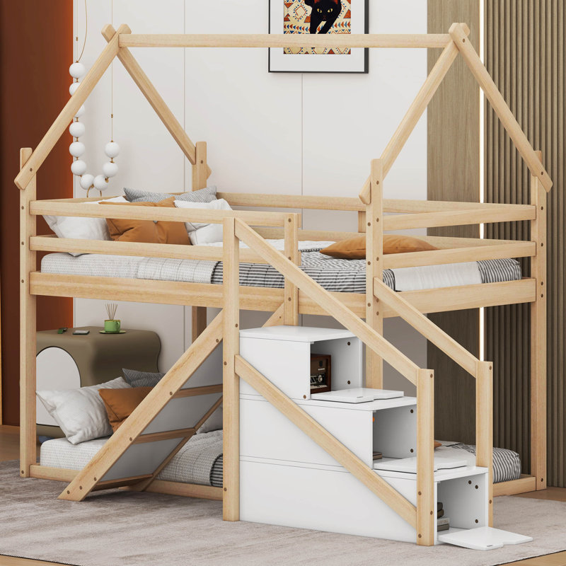 Lit superposé simple au-dessus de simple Ashel Kids, Blanc / Naturel