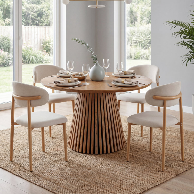 5-Piece Round Dining Set With Upholstered Chairs, Brown