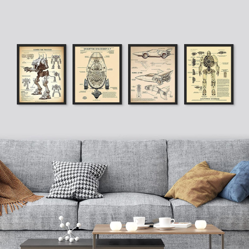 " Vintage Retro Futuristic Sci-Fi Robot Android Spaceship " 4 - Pieces, 14" H x 11" W x 1" D, Black Framed